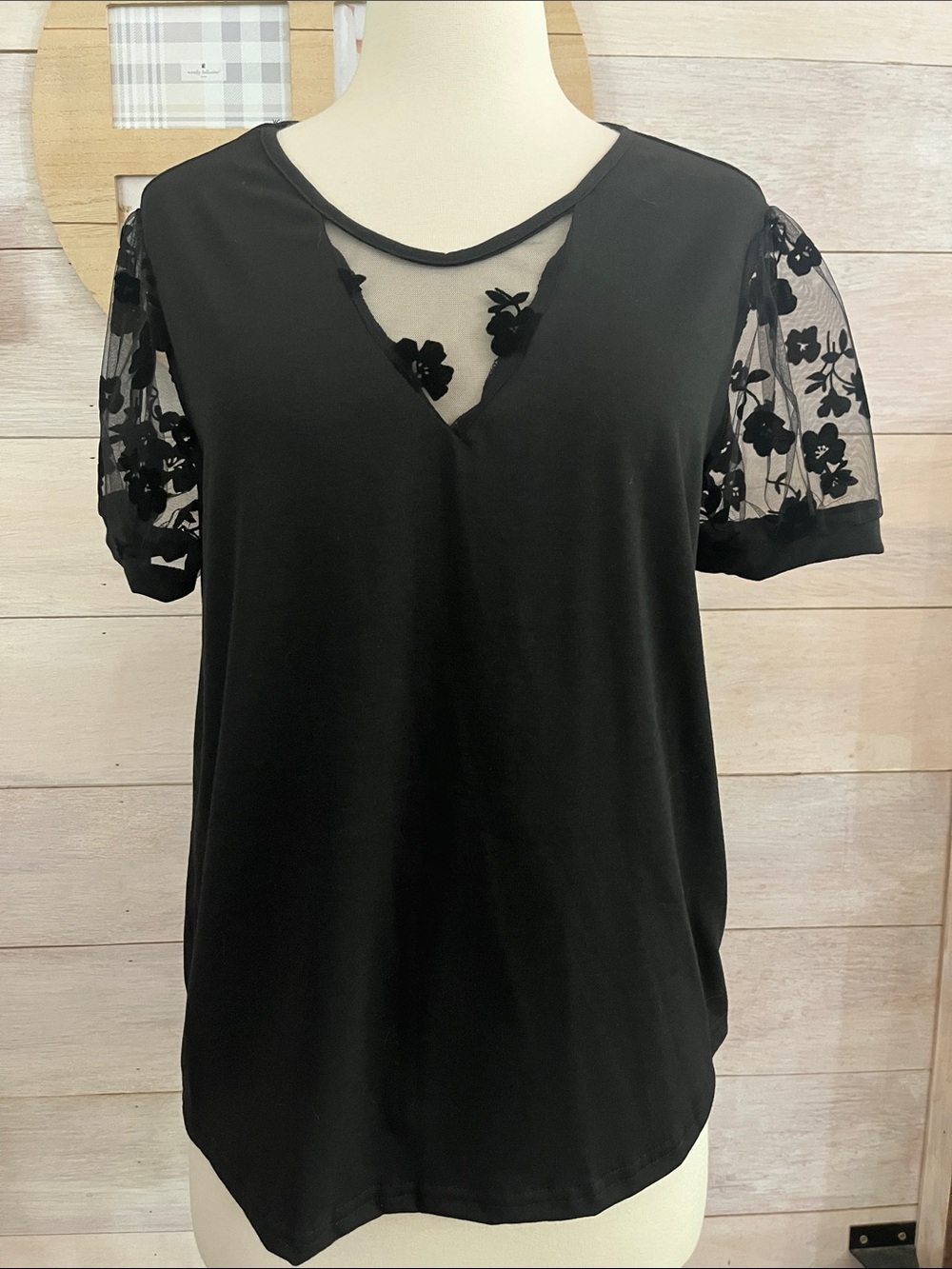 SHEIN Black V-Neck Top with Floral Mesh Short Sleeves M